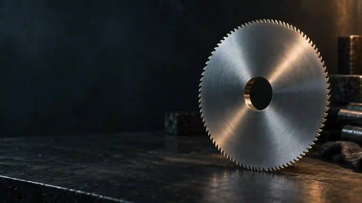 Close-up of a fine-toothed HSS circular saw blade on a dark workbench (AI-generated)