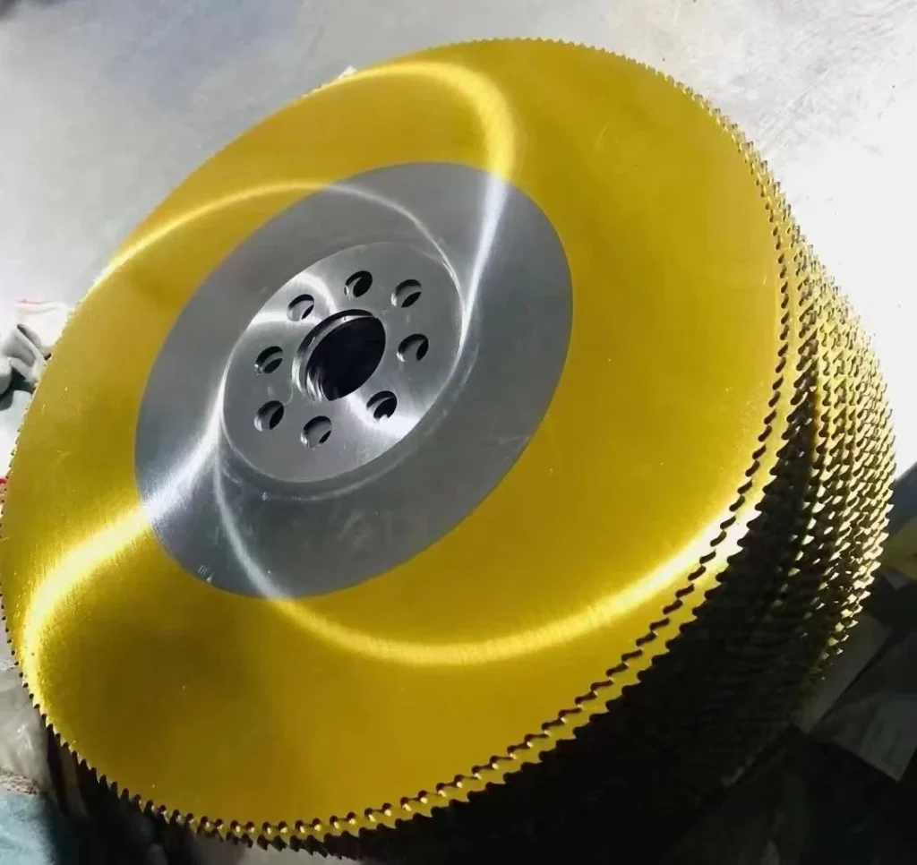 Stack of coated circular saw blades with a gold coating
