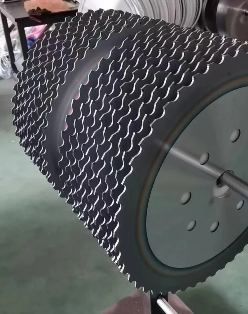 Stacked HSS circular saw blades held together in a workshop