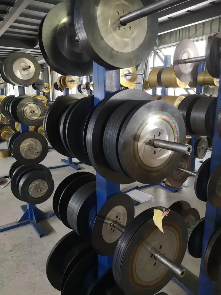 Racks of coated HSS circular saw blades in stock